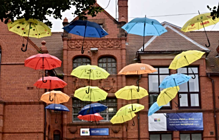 Picture showing umbrellas designed by students at West Kirby School & College to celebrate Neurodiversity Celebration Week.