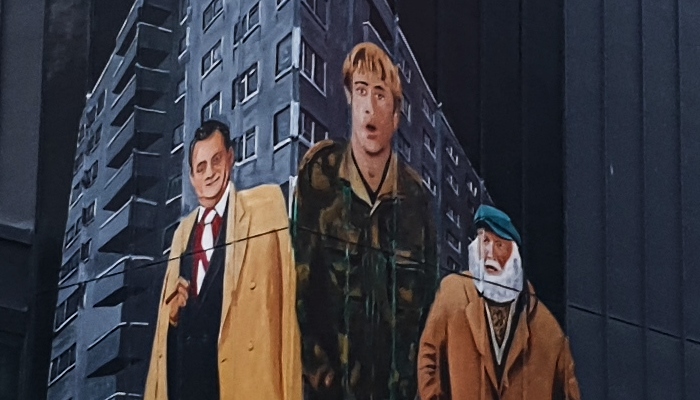 Only Fools and Horses mural by Paul Curtis. The mural is located on the corner of the Only Fools and Horses bar on Seel street.