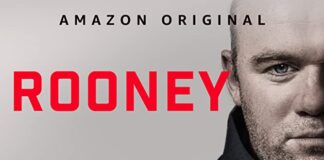 Amazon Documentary Title screen of Wayne Rooney in monochromatic colours, with ROONEY in red.