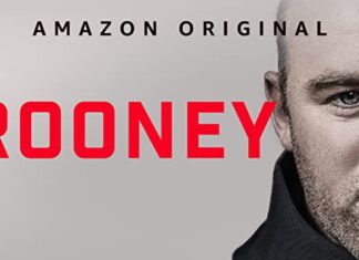Amazon Documentary Title screen of Wayne Rooney in monochromatic colours, with ROONEY in red.