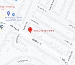 Google map view of Roby Medical Centre