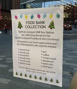 Liverpool One Bus Station food donation poster 
