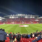 Under the lights at Anfield Photo by Annie Davies