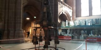 The lowered chandeliers at Liverpool cathedral