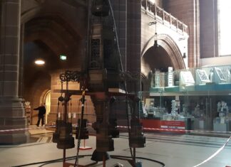 The lowered chandeliers at Liverpool cathedral