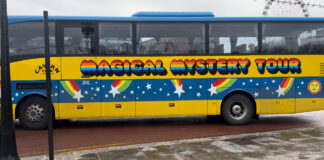 The Magical Mystery Tour bus (CCT) on Gower Street. Photo (c) Ruby Smith
