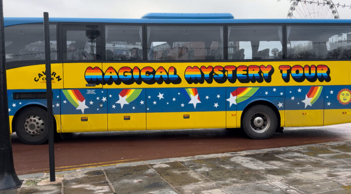 The Magical Mystery Tour bus (CCT) on Gower Street. Photo (c) Ruby Smith