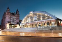 Lime Street Railway Station in downtown Liverpool, England illuminated at night (c) IStock