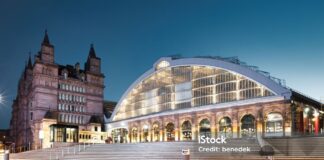 Lime Street Railway Station in downtown Liverpool, England illuminated at night (c) IStock