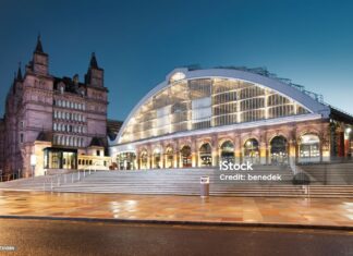 Lime Street Railway Station in downtown Liverpool, England illuminated at night (c) IStock