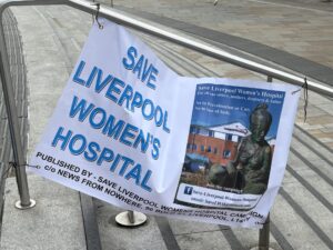 Banner outside Lime Street Station for Save Liverpool Women's Hospital. Photo (c) Rebecca Thompson