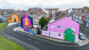 High wide shot of the Flower Streets Murals in Kirkdale.