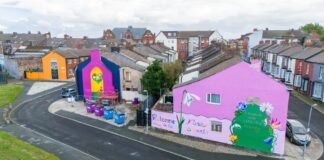 High wide shot of the Flower Streets Murals in Kirkdale.