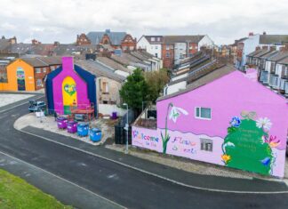 High wide shot of the Flower Streets Murals in Kirkdale.