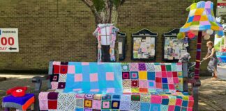 Knitted bench and lamp in Formby village. Photo (C) Leanne Jones