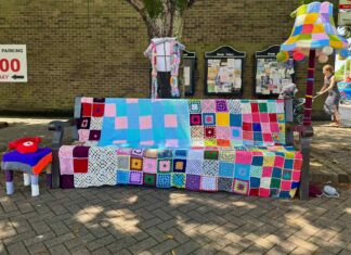 Knitted bench and lamp in Formby village. Photo (C) Leanne Jones