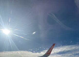 Plane wing in the sky