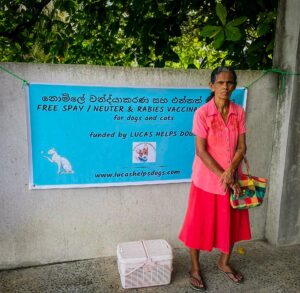 Lucas Helps Dogs charity banner outside their monthly pop-up centre in Hikkaduwa.