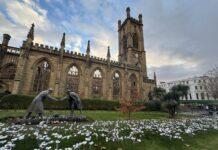Steel flowers at St Luke's Church, Liverpool