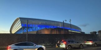 Outside Everton new ground Hill Dickinson stadium at night