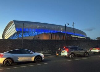 Outside Everton new ground Hill Dickinson stadium at night