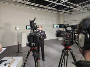Merseyside Police Chief Constable Rob Carden being interviewed in front of camera (c) Michelle Ponting