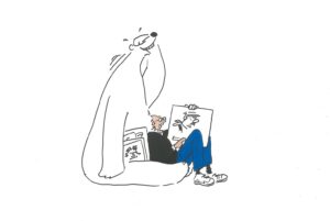 An image of one of Bill Tidy's artworks, 'Artist and Bear in Harmony', which shows a self portrait of Bill resting with one of his characters. the Polar bear
