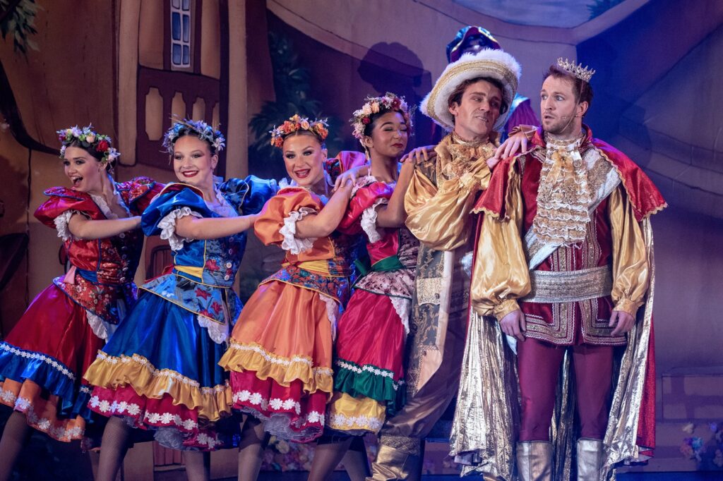 A picture of some of the Cinderella cast on stage mid performance 