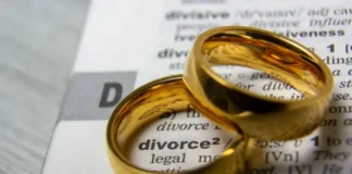 Two wedding rings sat on top of the definition of divorce
