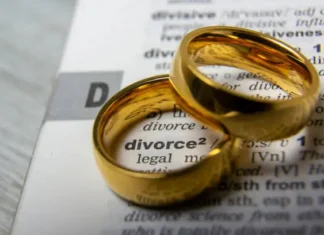 Two wedding rings sat on top of the definition of divorce