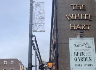 A lighting rig outside the White Hart pub on Hope Street. Picture copyright: James Corrigan BA Journalism 2025