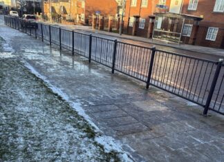 Icy path and snowy grass. Photo (c) Chloe McLoughlin