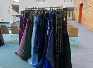 Rail of prom dresses