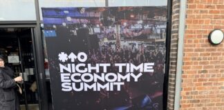 Image of a Night Life Economy Summit sign outside of Blackstock Market, Liverpool.