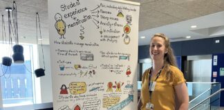 Dr Katherine Neary, Senior Lecturer in International Business, stood in front of a research poster