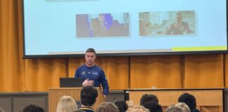 Declan Cregan speaking to a a school about his gambling journey.